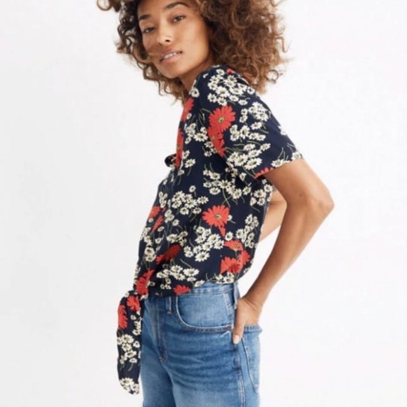 Madewell Novel Tie Front Top In Hillside Daisies Deep Indigo Size Small - Picture 1 of 9